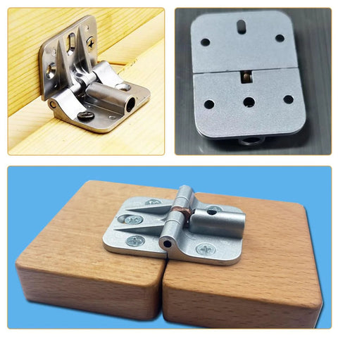 Two silver zinc alloy adjustable torque cabinet hinges for foldable drop-leaf tables; mounted on wood