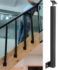 Heavy Duty Square Wrought Iron Railing Spindles With 90 Degree Curved Base For Deck Porch Safety Run Your Stairs Right No Hassle Side Mount Install Indoors Outdoors Rock Solid Guardrail Kit displayed with installation on interior stairs.