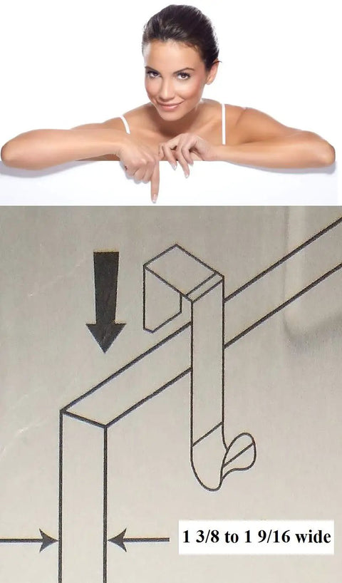 Illustration of Over The Door Hook Set White Plastic Hanger For Coats Towels and Accessories installation guide with dimensions.