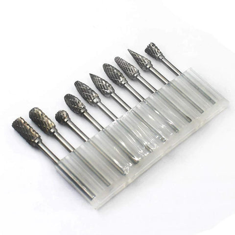 Front view of a 10-piece double-cut carbide burr set with 3 mm shanks in a clear plastic holder