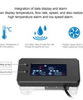 Inline PC Water Cooling Flow Meter with OLED Display showing temperature, flow rate, and RPM, designed for DIY PC builds and custom loops.