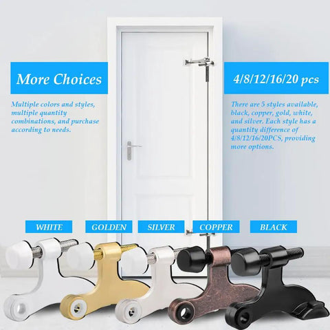 Heavy Duty Door Stops 8 Pack Adjustable Hinge Pin Metal With Rubber Bumper Tips Silver set displayed in various colors and styles.