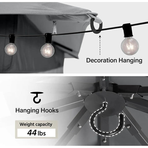10x13 Outdoor Gazebo With Double Roofs Mosquito Netting And Privacy Screens Heavy Duty Metal Frame Wind Resistant Up To Level 6 Easy Set Up Patio Canopy Shelter For Backyard Garden Or Lawn Gray showing hanging hooks and decoration lighting.