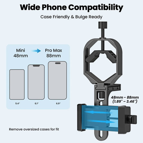 3 Axis Phone Mount For Spotting Scopes And Telescopes with universal phone adapter open, showing wide phone compatibility range.