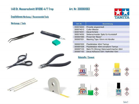 Tools and materials for 1:48 Scale WWII Messerschmitt Bf 109E-4/7 Trop Model Kit With Realistic Square Canopy And E-7 Drop Tank Rack