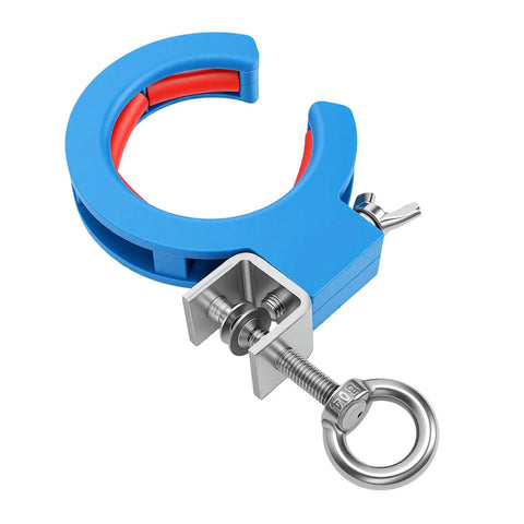 Cable Tray Roller Guide 65mm Blue ABS And Stainless Steel Wire Pulling Pulley For Indoor Outdoor Wiring With Easy Peasy Wire Routing And Simple Adjustable Installation, blue clamp view