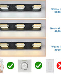 Black 4 Light Vanity LED Bathroom Light Fixture For Modern Homes, 32 Inch Wide, three color temperature options shown