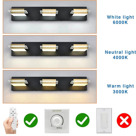 Black 4 Light Vanity LED Bathroom Light Fixture For Modern Homes, 32 Inch Wide, three color temperature options shown