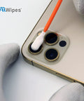 Using Top Tier One Hundred Count Four Inch Cleaning Swabs In Orange Knitted Polyester Heads to clean camera lens.