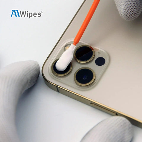 Using Top Tier One Hundred Count Four Inch Cleaning Swabs In Orange Knitted Polyester Heads to clean camera lens.