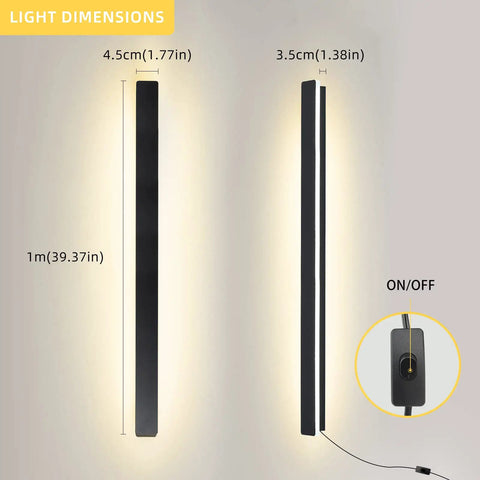 Modern No Fuss Plug In Long Wall Sconce 39 Inch Black Matte LED Wall Light 20W 3000K Warm White Acrylic Indoor Wall Lamp