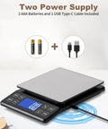 Pro Grade Digital Kitchen Scale With 0.1g 0.001oz Precision, 5kg 11lb Capacity, USB Rechargeable Or AAA Battery Powered shown with batteries and cable