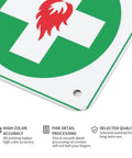 Close-up of Emergency Burn Care Sign 8x12 Inches Aluminum Warning Plate corner with pre-drilled hole and flame icon.
