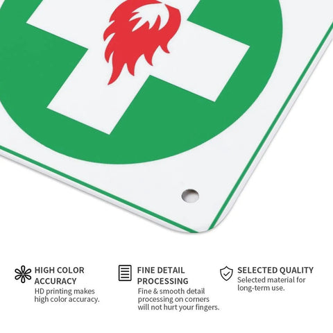 Close-up of Emergency Burn Care Sign 8x12 Inches Aluminum Warning Plate corner with pre-drilled hole and flame icon.