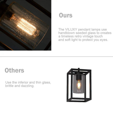 Close-up of Black Pendant Light For Kitchen Island And Dining Room With Seeded Glass In A Sturdy Metal Cage Fixture Farmhouse Style 1 Light