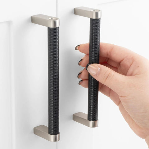 Installing 10 Pack 5 Inch Knurled Black And Nickel Cabinet Pulls Matte Black And Brushed Nickel Cabinet Handles on white cabinet