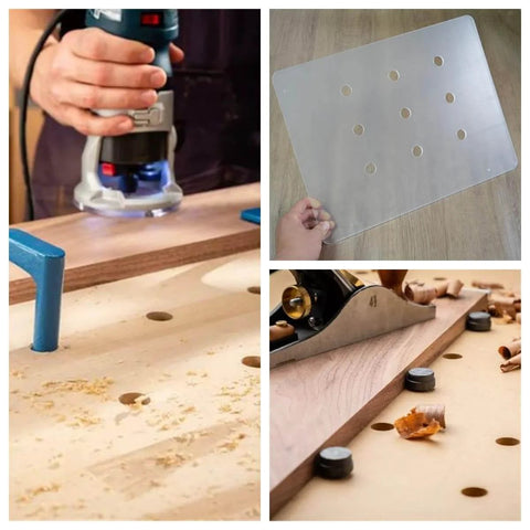 Transparent Acrylic Dog Hole Router Template Jig for Woodworking showing use on bench with precise 3/4 inch hole layout