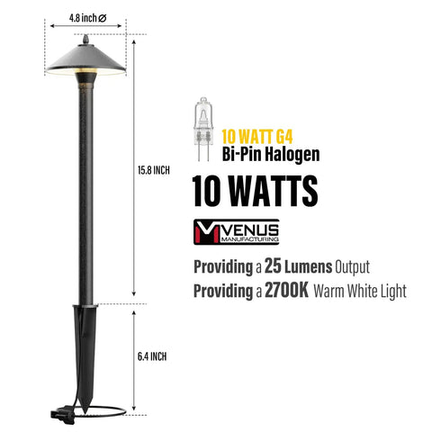 Low Voltage Pathway Lights 6 Pack Outdoor Landscape Lighting 12V 10W 2700K Warm White Die Cast Aluminum Housing For Walkways Patios Yards Gardens Easy Install For Outdoor Decor, showing a single light with dimensions and specifications.