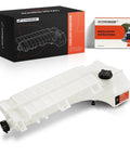 Heavy Duty Engine Coolant Reservoir With Caps And Sensor For Volvo VNL VHD VNM Trucks 2008 To 2024 And Mack CHU CXU CXN GU4 GU5 GU7 GU8 2008 To 2019 For Heavy Haul Use, shown with packaging and installation guide.