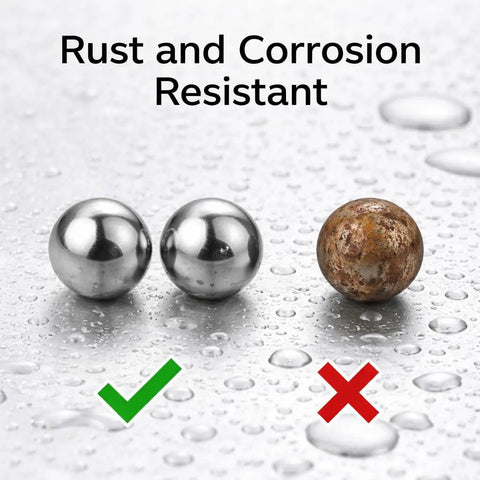 Five Sixteenths Inch 440 Stainless Steel Ball Bearings G25 Precision Grade Pack Of Fifty For Smooth, High Accuracy Motion And Heavy Duty Performance And Longevity. rust and corrosion resistant stainless steel ball bearings shown with comparison