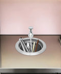 Dipper Well Faucet & Bowl Set, Coffee Shop Bar Counter Sink Faucet, 304 Stainless Steel Washing Tool for Coffee Ice Cream Spoon, Countertop Built-In Assembly with utensils in the bowl.
