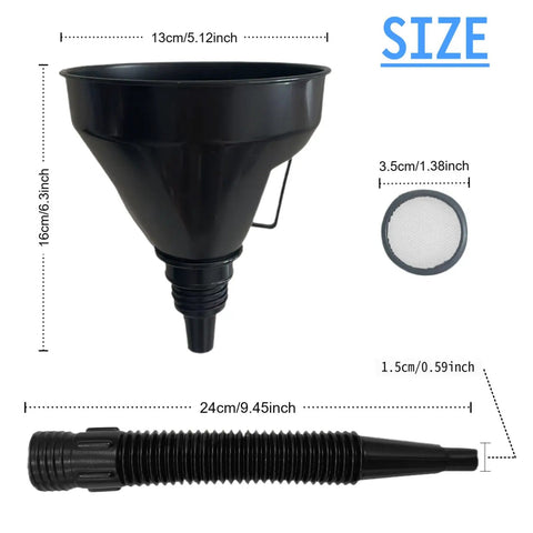 Five Piece Plastic Oil Funnel Set For Auto featuring a large black flexible funnel with detachable spout and filter.
