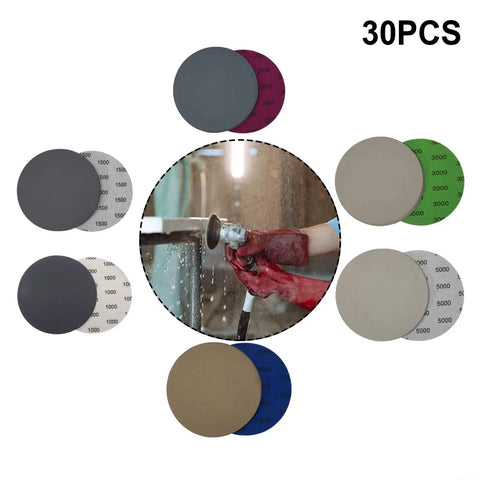 30 Pcs 5 Inch Wet Dry Sandpaper Discs Super Silicon Carbide Assortment For Auto Paint Correction showing grit range from 1000 to 7000.
