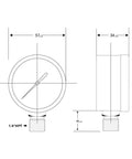 Technical drawing of 2 Inch Well Pump Pressure Gauge For Water Systems 0 To 100 Psi With Quarter Inch Lower Mount And Half Inch NPT Adapter