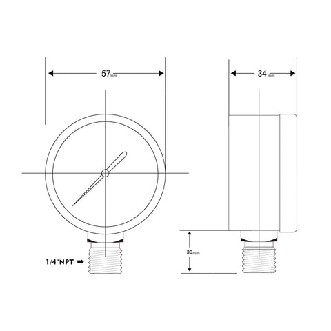 Technical drawing of 2 Inch Well Pump Pressure Gauge For Water Systems 0 To 100 Psi With Quarter Inch Lower Mount And Half Inch NPT Adapter