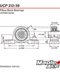 Beefy Built Tough Heavy Duty Pillow Block Bearing With 2 7 16 Inch Bore 2 Bolt Self Aligning Mount R3 Triple Lip Seal High Speed Low Noise Long Life Durable Replacement For OEM And Industrial Applications technical drawing