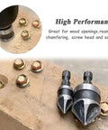 3-Piece Countersink Chamfer Drill Bit Set With 5-Flute 90 Degree Bits, One Quarter Inch Hex Shank, Sizes 12mm 16mm 19mm in use