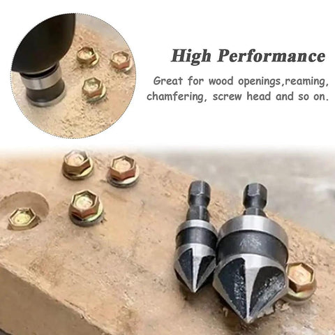 3-Piece Countersink Chamfer Drill Bit Set With 5-Flute 90 Degree Bits, One Quarter Inch Hex Shank, Sizes 12mm 16mm 19mm in use
