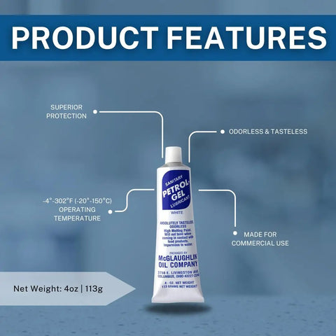 Tube of food grade equipment lubricant, 4oz, labeled for processing machinery, with NSF approved mineral oil.
