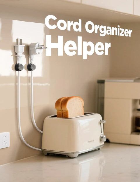 Easy Cord Organizer With Dual Spring And Clasp Cable Clips securing toaster cables on kitchen wall for tidy space.