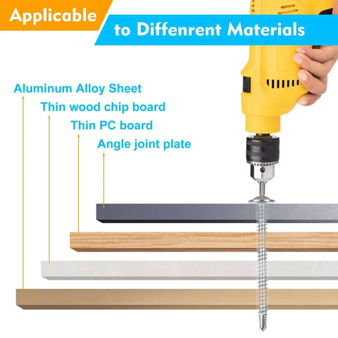 Drilling through different materials with 145 Pieces Self Tapping Screws For Metal Kit In 410 Stainless Steel Rust Resistant Six Sizes.
