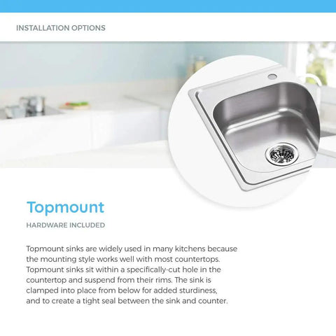 Topmount Single Bowl Kitchen Sink With Three Quarter Inch Radius, 18 Gauge Stainless Steel, 304 Grade Durability, Contemporary Finish