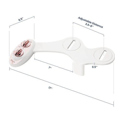 Non Electric Bidet Attachment With Self Cleaning, Single Nozzle, Rear Wash, Adjustable Water Pressure, Toilet Seat Upgrade In Rose Gold Finish dimensions shown