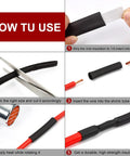 Instruction steps for using 2 To 1 Ratio Heat Shrink Tubing 50mm Black Polyolefin Sleeving Roll showing wire insertion and sealing.