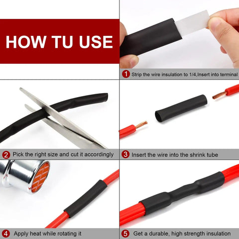 Instruction steps for using 2 To 1 Ratio Heat Shrink Tubing 50mm Black Polyolefin Sleeving Roll showing wire insertion and sealing.
