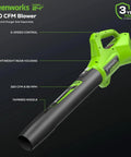 Close-up of greenworks 320 CFM blower from Cordless Yard Tool Bundle With 21 Inch Self Propelled Lawn Mower, 12 Inch Trimmer And Blower, Includes Three Batteries And Two Chargers, 48V Power Pack Delivers Gas Like Torque And Quiet Operation For Easy No Fuss Yard Work. Features in focus: tapered nozzle, 2-speed control, rear housing, 3-year warranty.