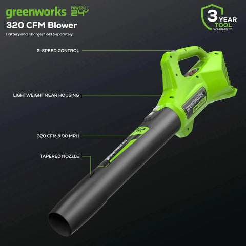 Close-up of greenworks 320 CFM blower from Cordless Yard Tool Bundle With 21 Inch Self Propelled Lawn Mower, 12 Inch Trimmer And Blower, Includes Three Batteries And Two Chargers, 48V Power Pack Delivers Gas Like Torque And Quiet Operation For Easy No Fuss Yard Work. Features in focus: tapered nozzle, 2-speed control, rear housing, 3-year warranty.