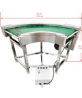 Heavy Duty Pvc Curved Conveyor Belt Makes 90 Degree Turns Without Any Sweat Electric Motor Adjustable Speed 19.6 Inch Wide Belt 400 Watt 110 Volt Stainless Steel Frame With Control Panel