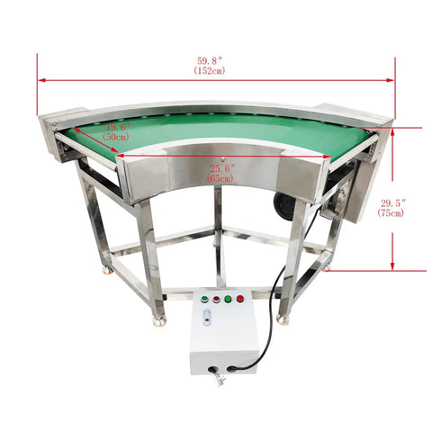 Heavy Duty Pvc Curved Conveyor Belt Makes 90 Degree Turns Without Any Sweat Electric Motor Adjustable Speed 19.6 Inch Wide Belt 400 Watt 110 Volt Stainless Steel Frame With Control Panel