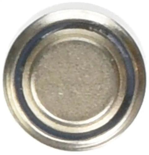 Close-up of one LR44 alkaline button cell from Ten Pack Alkaline Button Cell Batteries For Watches Key Fobs LED Lights And Calculators Replacing LR44 G13 A76 GP76A 357 SR44W Long Lasting Power At A Sweet Value.
