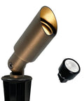Solid Brass Landscape Spotlight with LED bulb and ground stake, antique bronze finish, 12V for outdoor use.