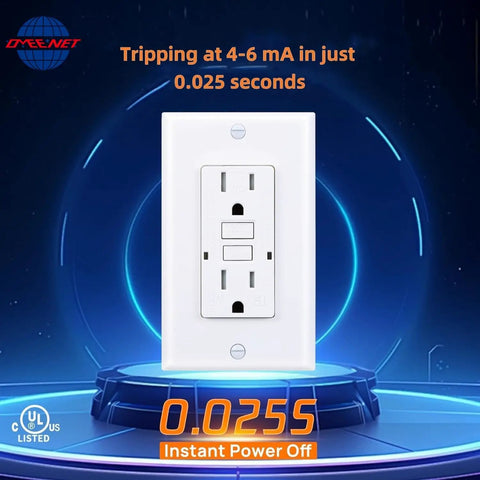 GFCI Outlet With Tamper Resistant Design, 15 Amp Self Test GFI Receptacle, UL Listed, with LED Indicators displayed on futuristic background