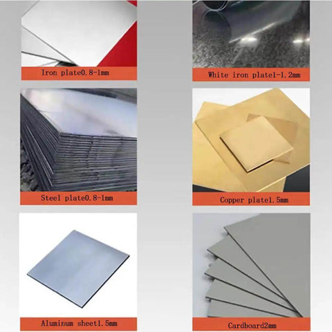 Image of various metal sheets including iron, steel, copper, aluminum, and white iron, demonstrating materials for Electric Drill Plate Cutter Nibbler Attachment.