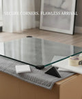 Glass slab with beefy corner protectors for shipping and handling, edge guards for glass and stone slabs, shock absorbing packaging.