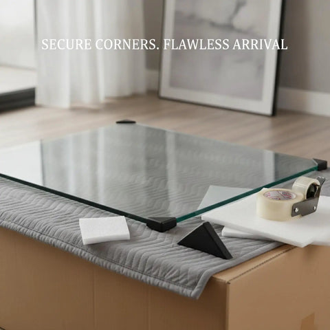 Glass slab with beefy corner protectors for shipping and handling, edge guards for glass and stone slabs, shock absorbing packaging.