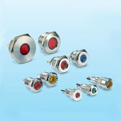 Assorted LED indicator lights in red, green, and yellow with stainless steel casing, ideal for control panels, various mounting sizes.